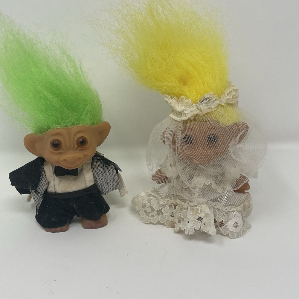 Vtg Uneeda Wishnik Troll Dolls Bride Groom Set 3" Green Yellow Hair Horseshoe